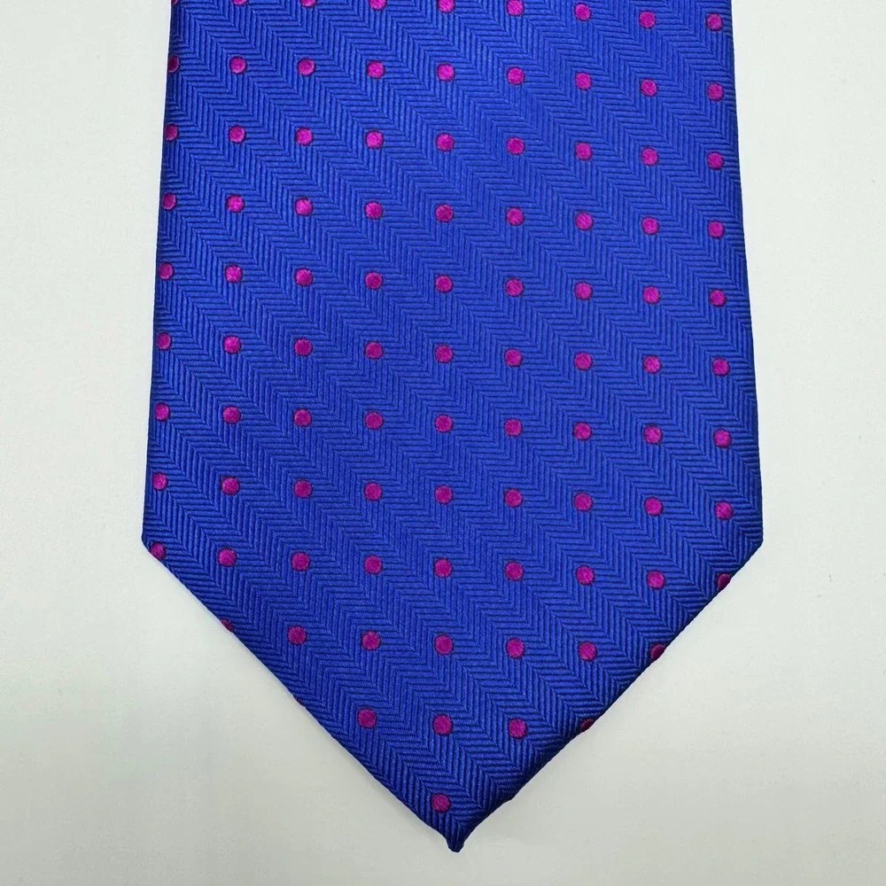 Tom James Mens Silk Tie Blue Herringbone Magenta Pink Polka Dot‎ Classic Necktie